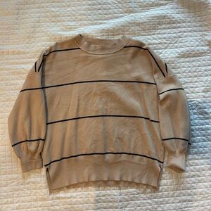 Amazon Women's Beige Crewneck Sweater with Black Stripes